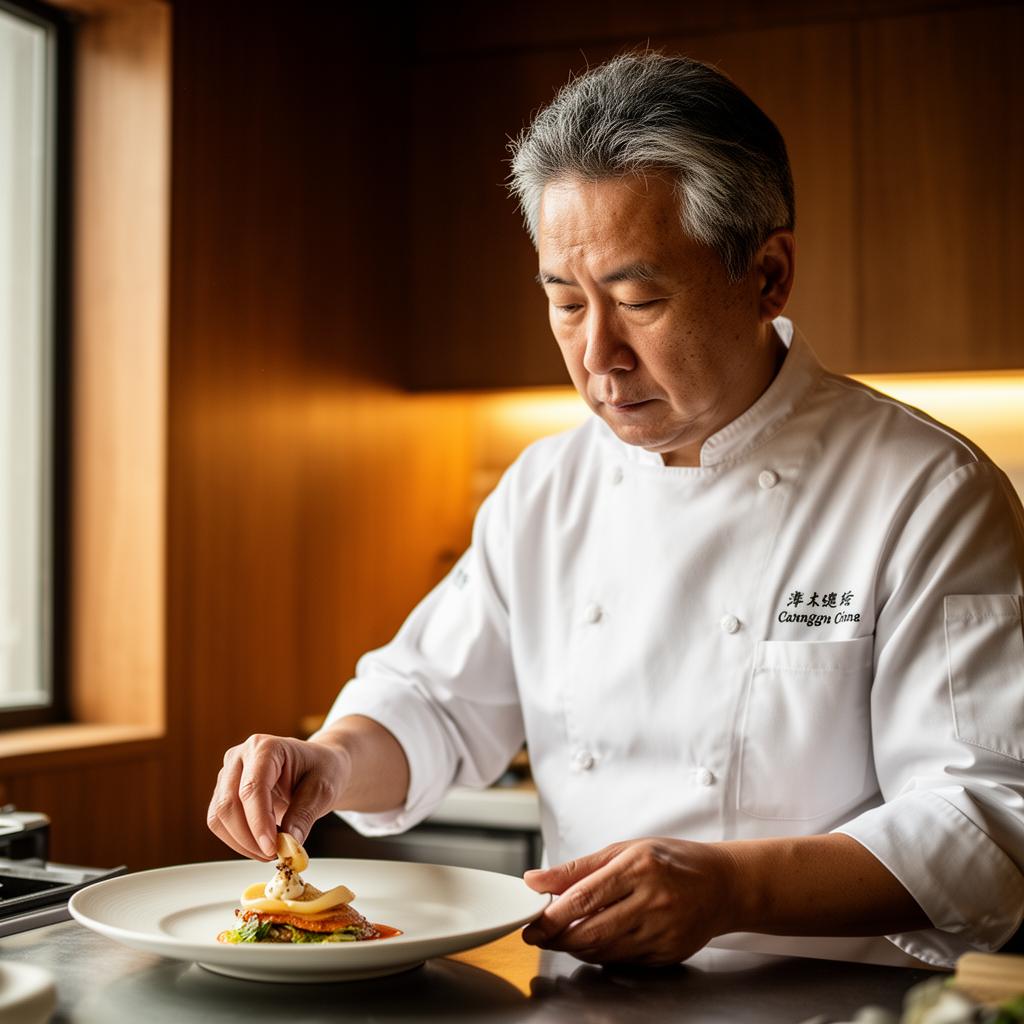 Chef Mr. Wah plating a refined dish in the WAH kitchen